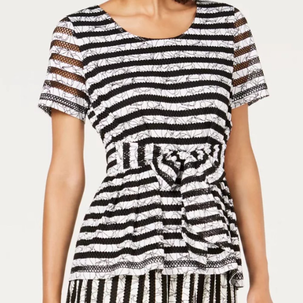 Textured Alfani Black and White Striped Tie-Waist Short-Sleeve Top